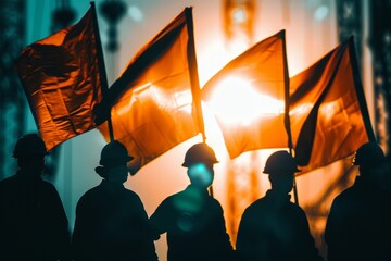 Labor day happy workers marching labour public event May 1 celebration banner demonstration worker activist crowd march solidarity union movement work employee equality equity ceremony public teamwork