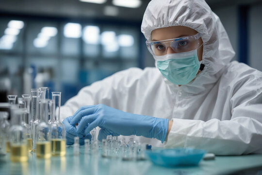 A laboratory assistant in a protective suit examines glass vials of vaccines.