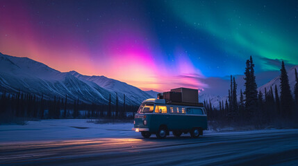 Vintage camper van in wild snow road with beautiful aurora northern lights in night sky with snow forest in winter.