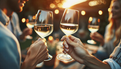 A close-up of hands clinking white wine glasses together in a celebratory toast.  - Powered by Adobe
