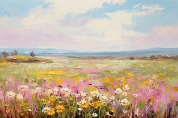 Fototapeta na wymiar Field of spring flowers painting landscape grassland.