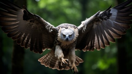 Majestic harpy eagle in flight with powerful talons outstretched in a forest setting - obrazy, fototapety, plakaty