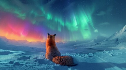Red fox in wild snow field with beautiful aurora northern lights in night sky with snow forest in winter.