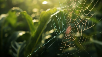 Dew-kissed spider web in a misty forest captured during the golden hour