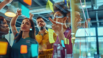 A diverse team of professionals joyfully collaborates using sticky notes on a glass wall in a vibrant, modern office. AIG41