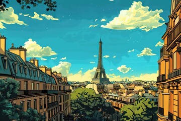 Landscape of Paris, France - Eiffel Tower, Comic Book Style