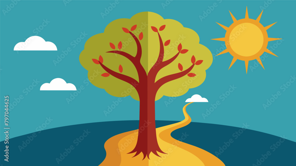 Poster A tree with two paths leading from its trunk one towards the sun representing abundance and the other towards darkness representing scarcity.