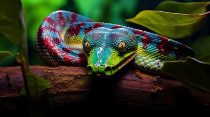 Vivid emerald tree boa coiled on a branch amid lush green leaves