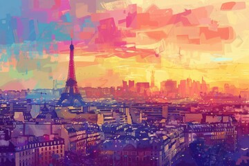 Vivid artistic illustration of Paris, France - Eiffel Tower