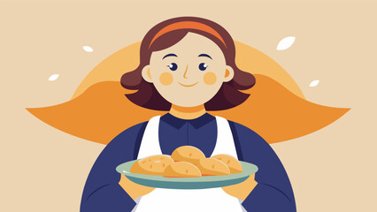 A woman proudly showcases her homemade pierogies a recipe passed down from her Polish grandmother.. Vector illustration