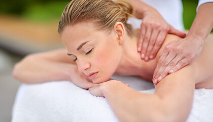 Massage, woman and spa for detox, wellness and relaxation in muscles, hands and healing for self...