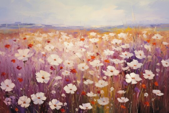 Field of wildflowers painting grassland outdoors.