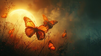 Enchanted evening scene with fiery butterflies around a full moon in a mystical field