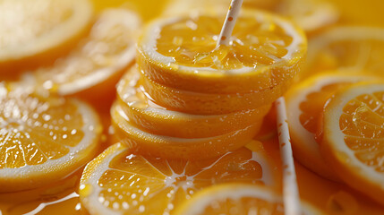 Summer composition with fresh stacked orange slices and straw on vibrant orange background,...