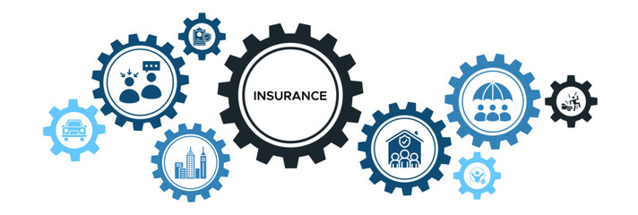 Insurance banner web icon vector illustration concept with icons of advice, buildings, household, car, liability, life, policy, and accident