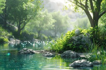 A tranquil lake surrounded by lush greenery, with a hidden Easter egg nestled on a sunlit rock.