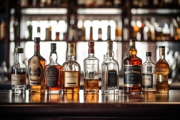 Several whiskey bottles bar whisky drink.