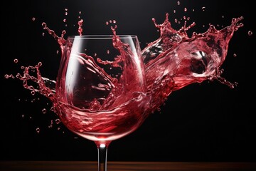 glass goblet with red wine. the drink is pouring and drops are falling. splash and dark background