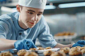 Baking cookies professional chef food industry kitchen tasty sweet cookie snack biscuit delicious dough candy factory bakery sugar cake bake fresh cook preparing chip pastry dessert chocolate