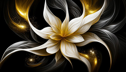 Fleur abstraite blanche et dorée sur fond noir. Papier peint fleuri - obrazy, fototapety, plakaty