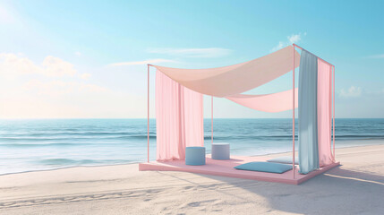 Elegant beach canopy on sandy shore at sunrise