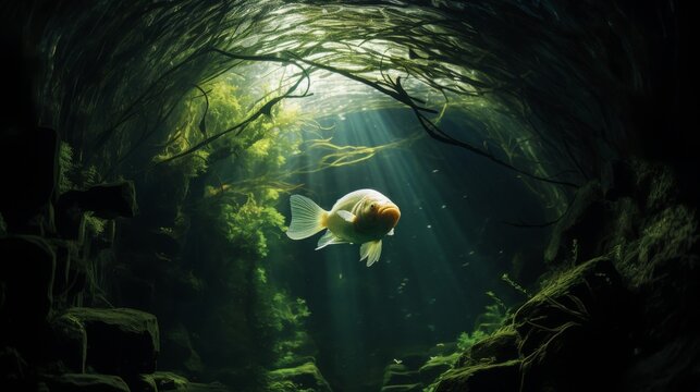 Mystical underwater scene depicting a blind cave fish in a jungle cenote