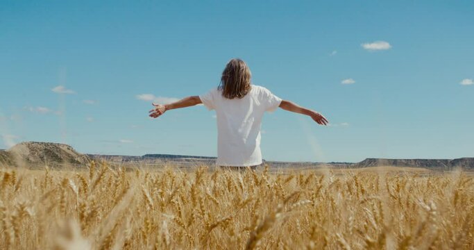 Woman in blank white tshirt walk through field of wheat on sunny warm day, spin around with open arms, laugh, smile full of authentic emotions and feeling of happiness. Connection with nature