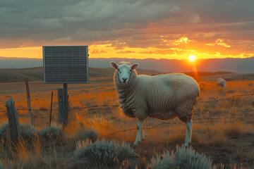 Image of Sheep Grazing Next to the Solar Panel,
A sheep is standing in a field with the sun setting behind it.
 - obrazy, fototapety, plakaty