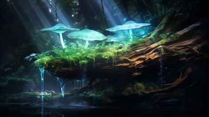 Enchanted forest scene with bioluminescent mushrooms glowing on a decaying log