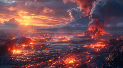 Lava Landscape with Volcano,
Arafed view of a volcano with lava and lava rising from the ocean