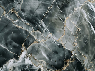 Mottled texture of black natural marble slab adorned with white scratches. Aged surface of crystal formation traced with cracks bearing sense of durability