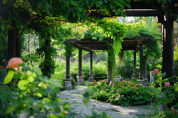 A tranquil garden with a green pergola covered in blooming vines.