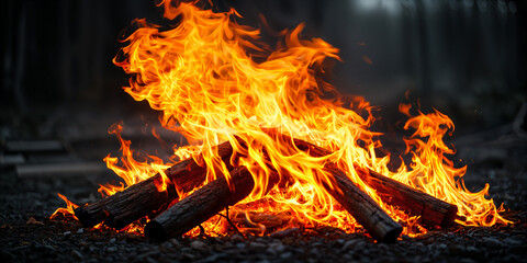 A large fire with bright orange flames, burning logs on the ground, set against a dark background that suggests it might be nighttime or in a forested area.