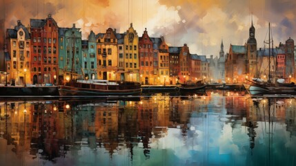 Sunset reflections on historic European cityscape with architectural marvels by the river