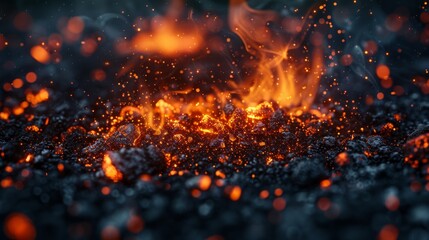 Close-up view of glowing coals in a blacksmith forge with sparks