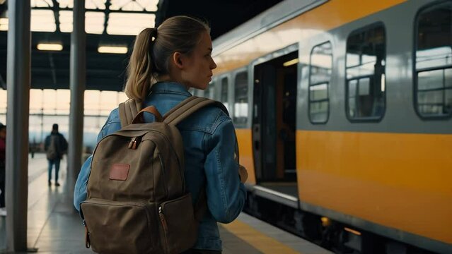 Rear view of solo traveller female woman backpack voyage ready to travel by trian railroad vehicle transport she waiting for train schedule at platform train station
