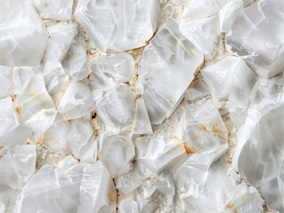 Large cubes of matte quartz, broken into pieces, creating fancy mosaic lying scattered on surface. Rock crystals split into white fragments with yellow inclusions