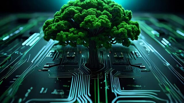 Green natural eco tree and computer technology on an abstract high-tech futuristic background of microchips