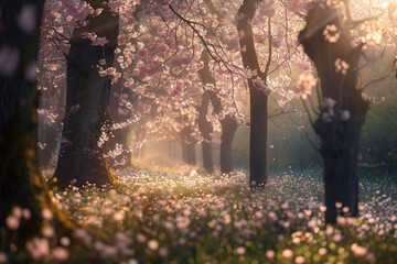 A tranquil forest glade filled with delicate spring blossoms.