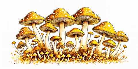 A colorful illustration of a group of mushrooms with yellow caps and brown stems, growing together on the ground.
