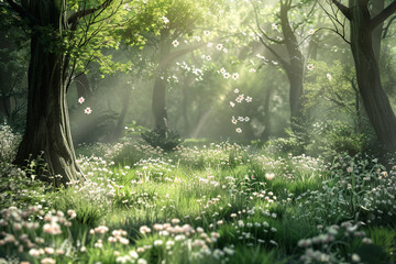 A tranquil forest glade filled with delicate spring blossoms.