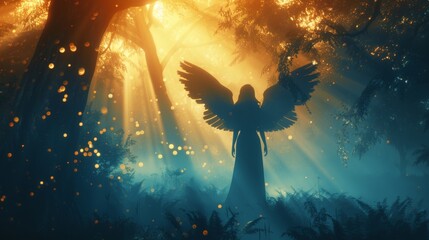 Beautiful angel with wings in misty enchanted forest with sunlight rays.