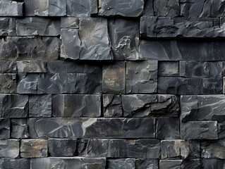 Texture of wall created from granite blocks stacked on top of each other. Rough-hewn surface of natural stone with light veins of inclusions of another rock