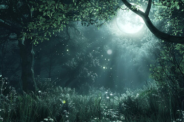 A tranquil forest glade bathed in the soft light of a full moon. - obrazy, fototapety, plakaty