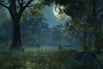 A tranquil forest glade bathed in the soft light of a full moon.
