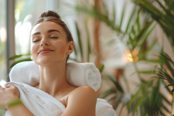 Serene woman blissfully receiving a deep tissue massage in a tranquil day spa environment - Powered by Adobe
