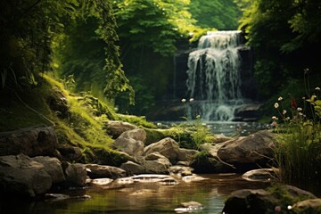 Waterfall in forest vegetation landscape outdoors.
