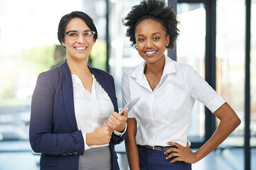 Women, portrait and smile with tablet, partnership or diversity for coaching, internship or...