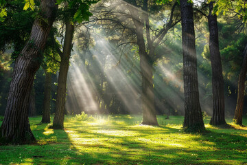 A tranquil forest clearing with sunlight streaming through the trees