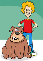 funny cartoon boy character with his pet dog